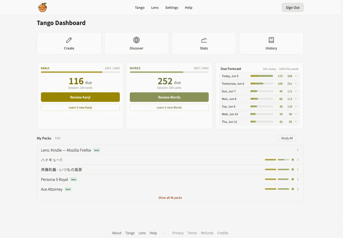Tango dashboard showing due kanji, due words, a forecast, and study packs.