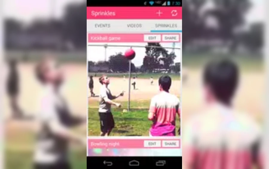 Sprinkles Android Events screenshot showing a kickball game.
